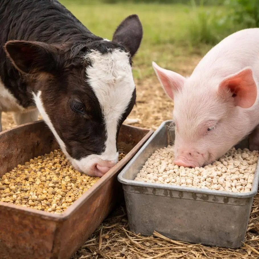 Calf and piglet eating feed